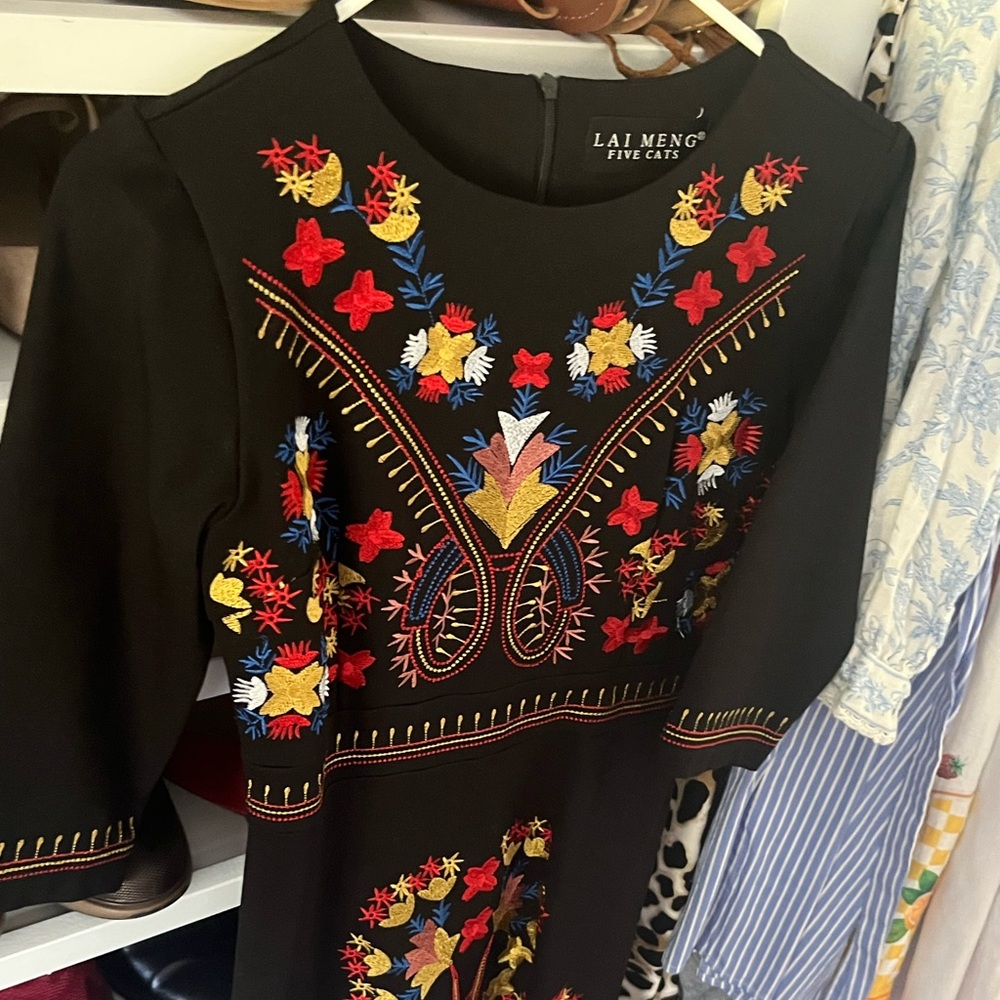 Lai Meng Five Cats Black Embroidered Dress